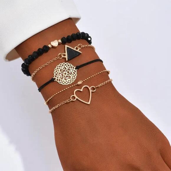 NEW Black & Gold Stackable Bracelet Set – Boho Vintage Layered Jewelry - Picture 1 of 2